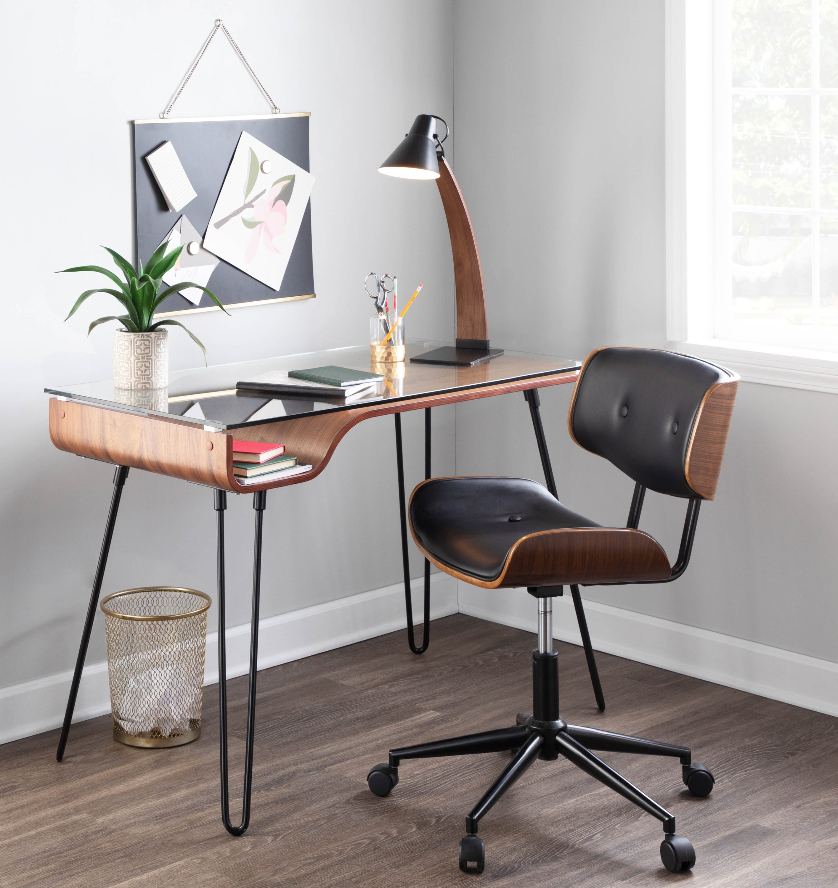 Modern Desk in Walnut Wood, Clear Glass, Black Metal