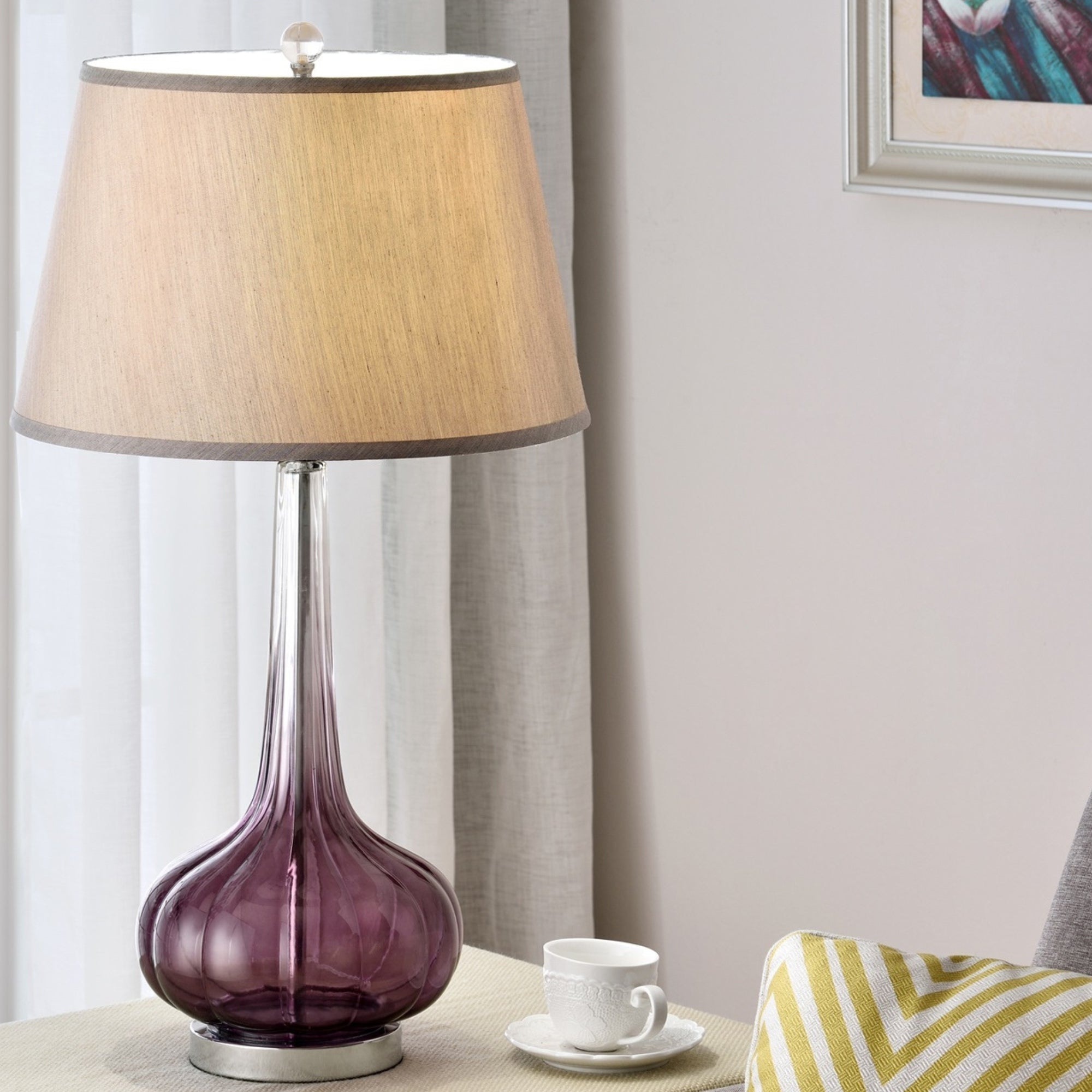 30" Tall Glass Table Lamp "Mulberry" with Purple finish, Fabric Shade