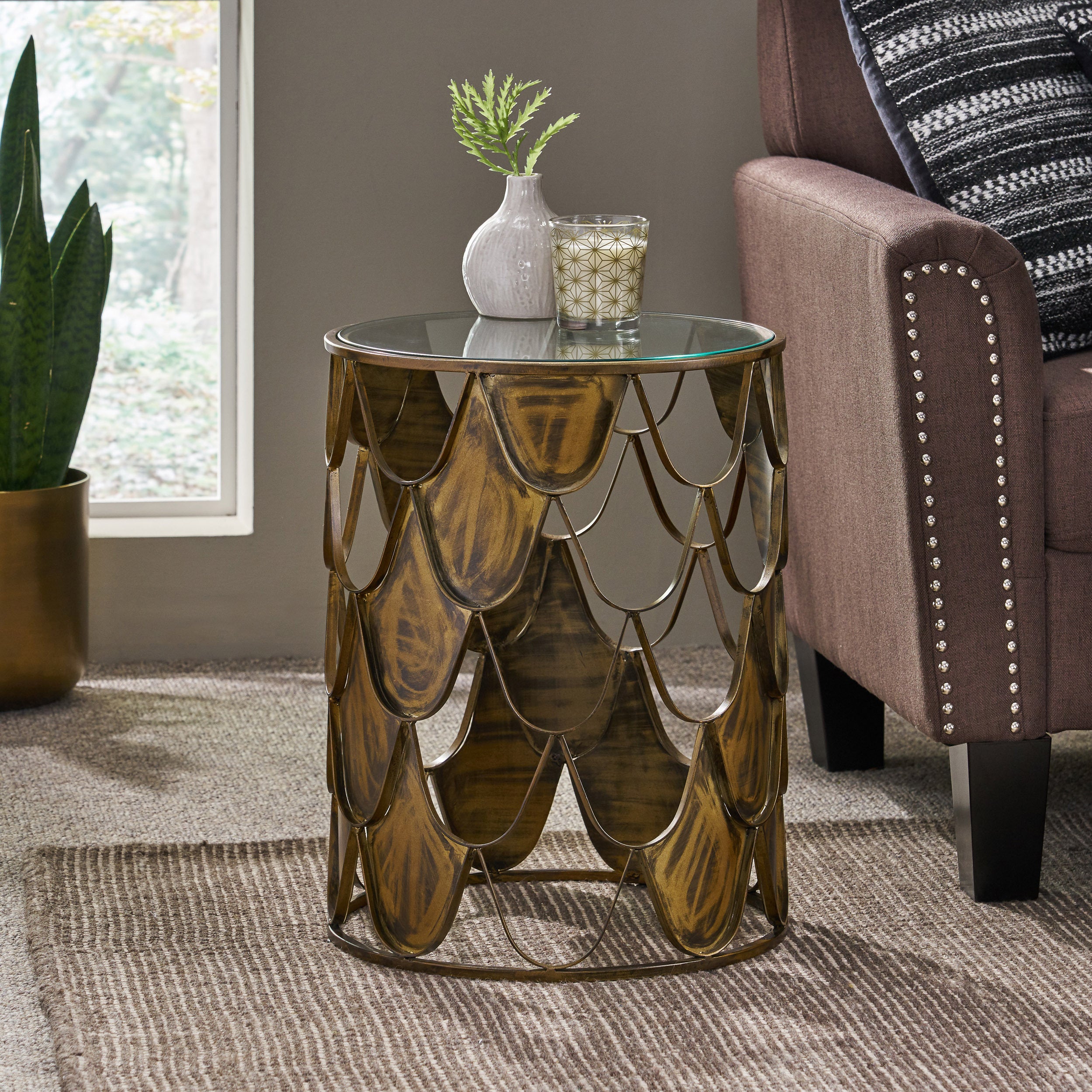 Artsy Boho Side Table - Glass & Metal - Brown