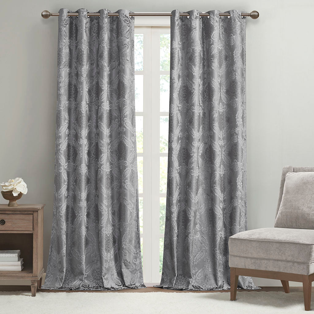 Knitted Jacquard Paisley Total Blackout Grommet Top Curtain Panel - Grey