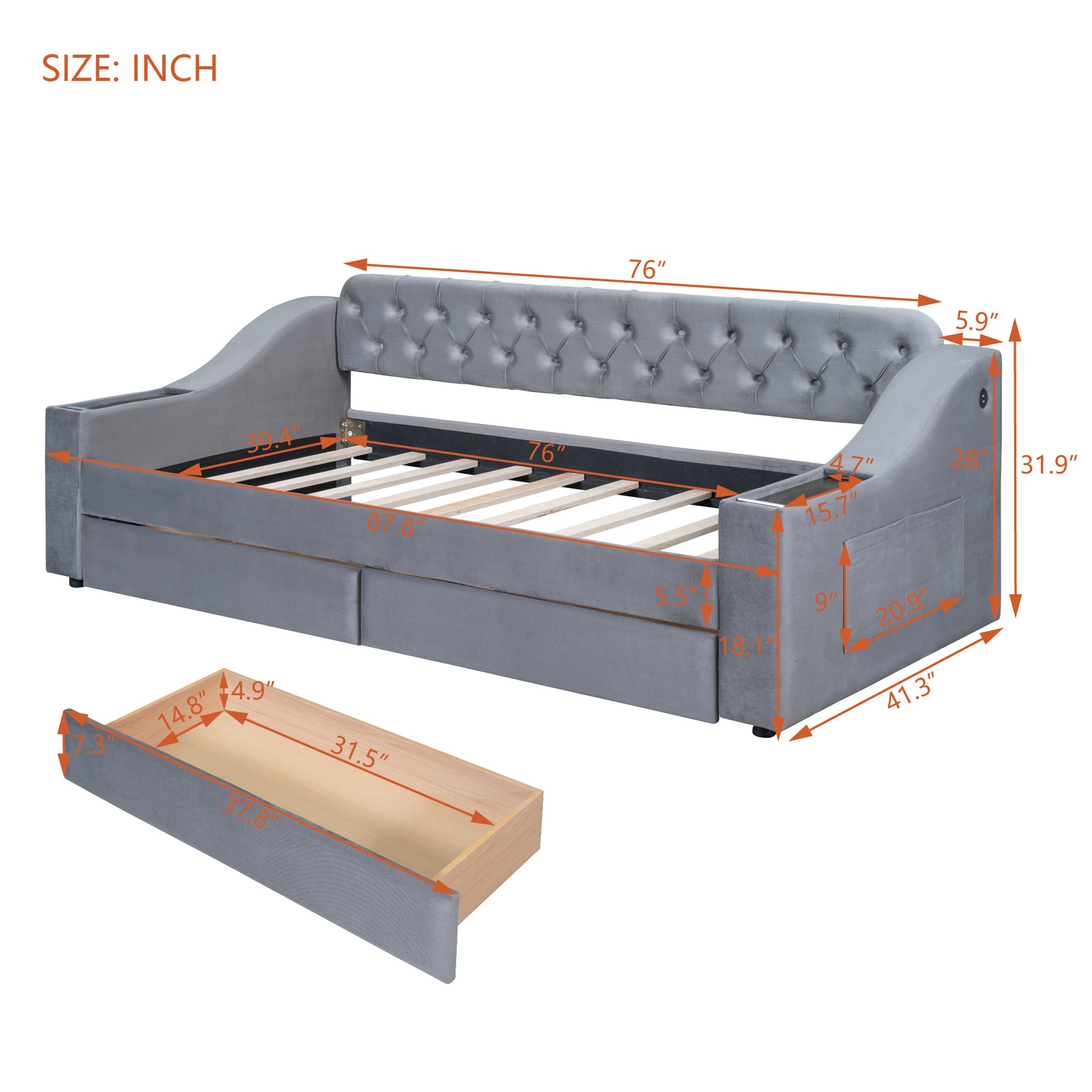 Twin Size Upholstered Daybed with Storage Armrests and USB Port - Gray