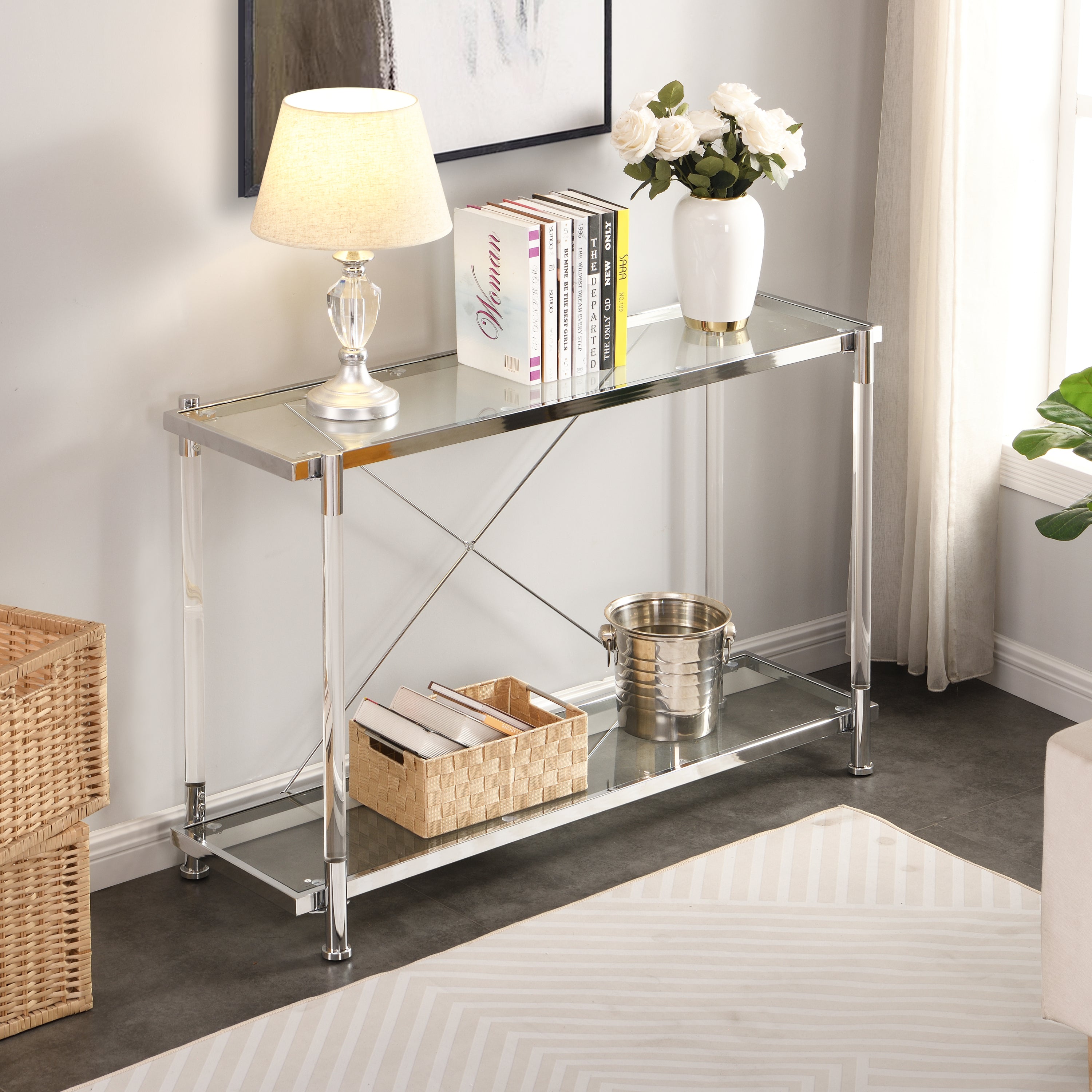 43.31'' Chrome Glass Sofa Table, Acrylic Side Table, Console Table