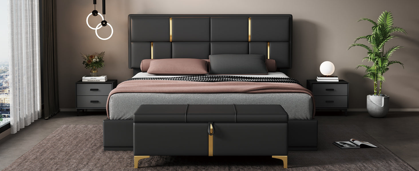 2-Pieces Bedroom Sets: Queen Size Upholstered Platform Bed + Storage Ottoman - Black