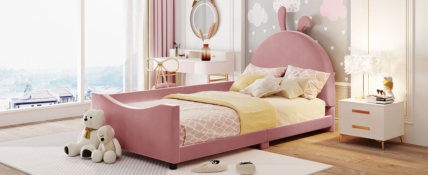 Twin Size Upholstered Daybed with Rabbit Ear Shaped Headboard - Pink