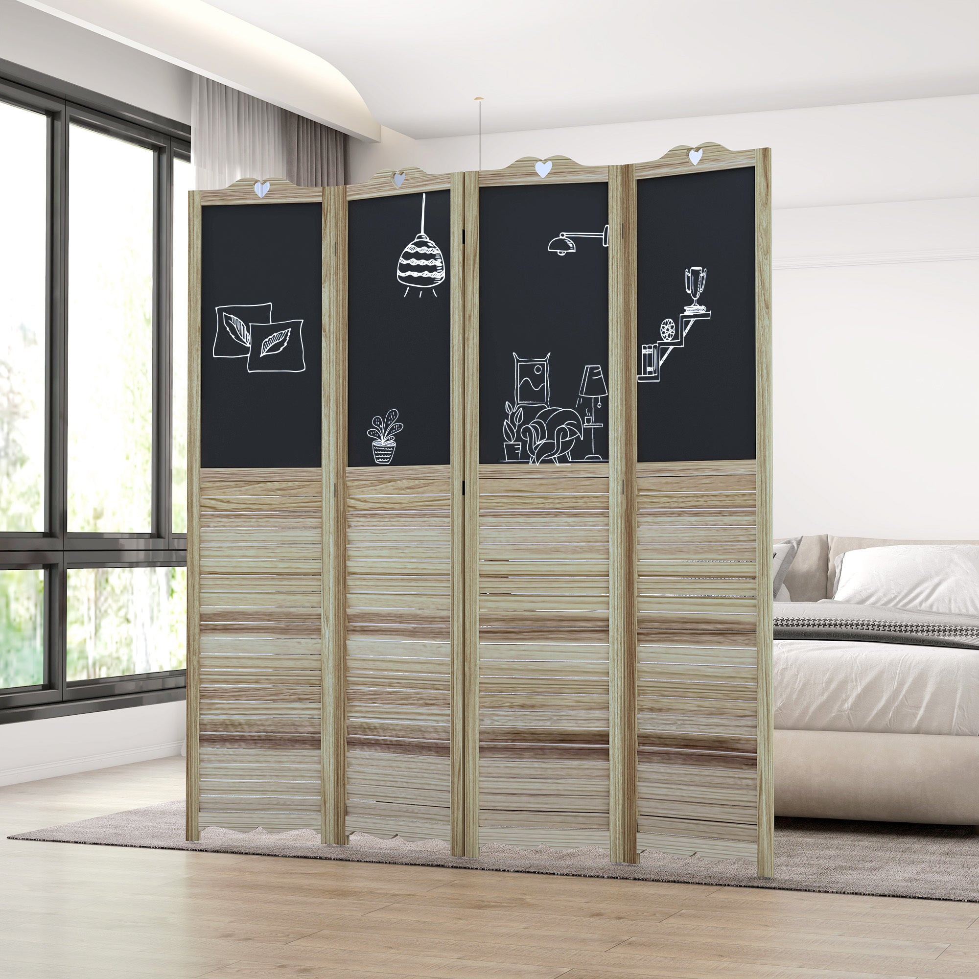 4-Panel Folding Room Divider with Blackboard, 5.5 Ft Tall Freestanding Privacy - White Wood