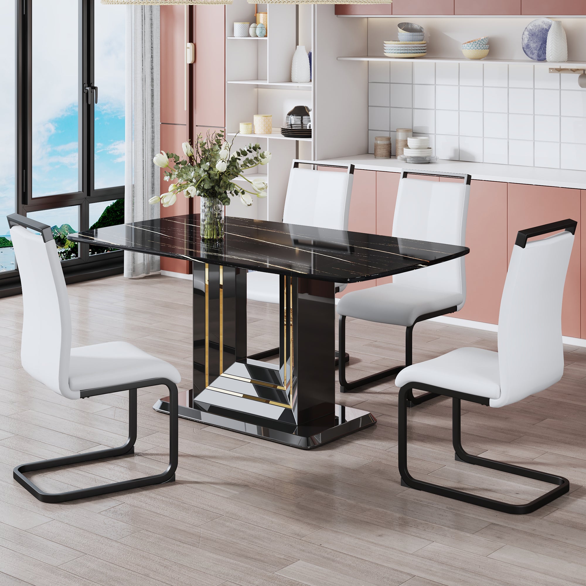 Modern Dining Table with Gold Lines and Black Base