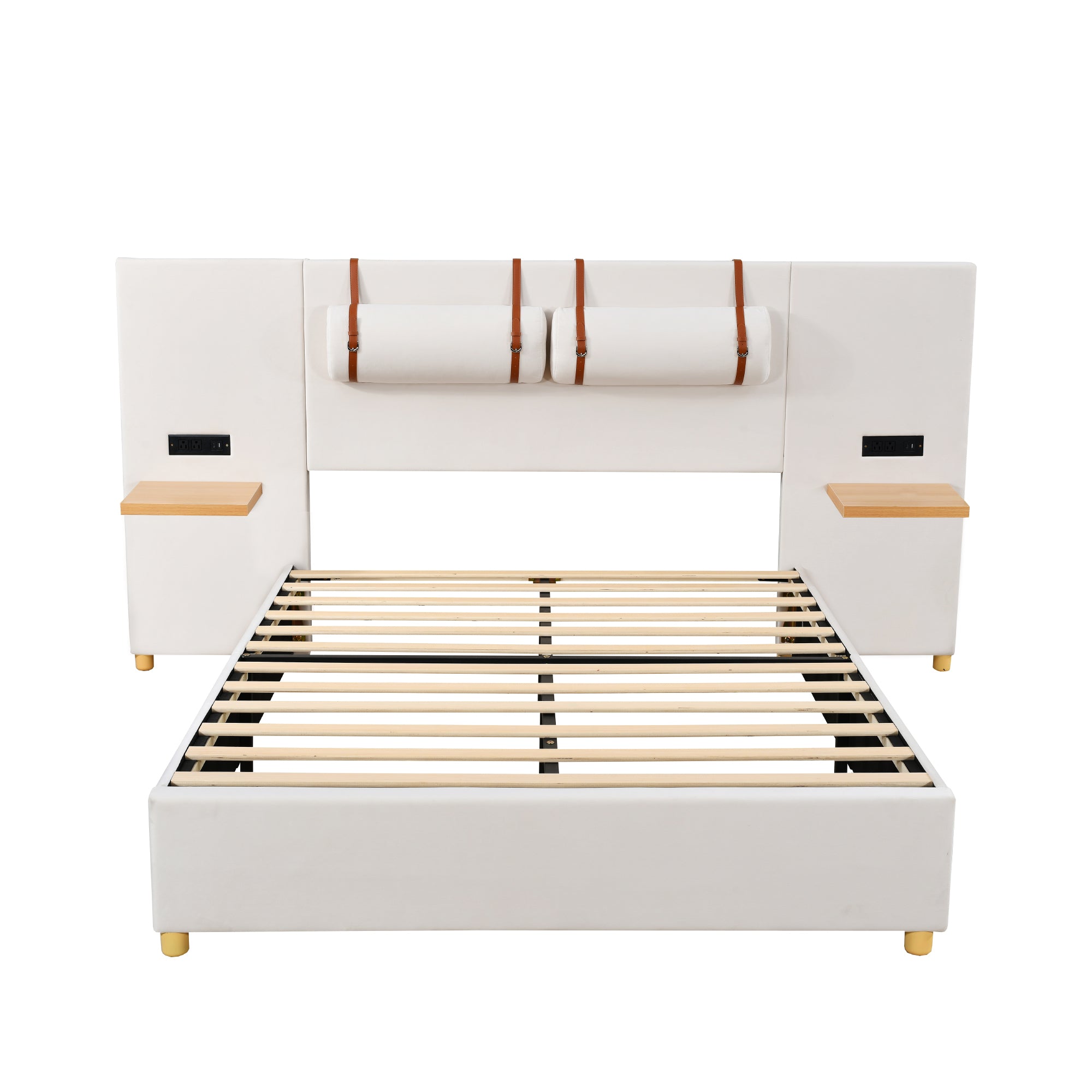 Full Size Upholstered Platform Bed, Two Outlets and USB Charging Ports on Both Sides, Two Bedside Pillows, Storage Shelves,Velvet - Beige