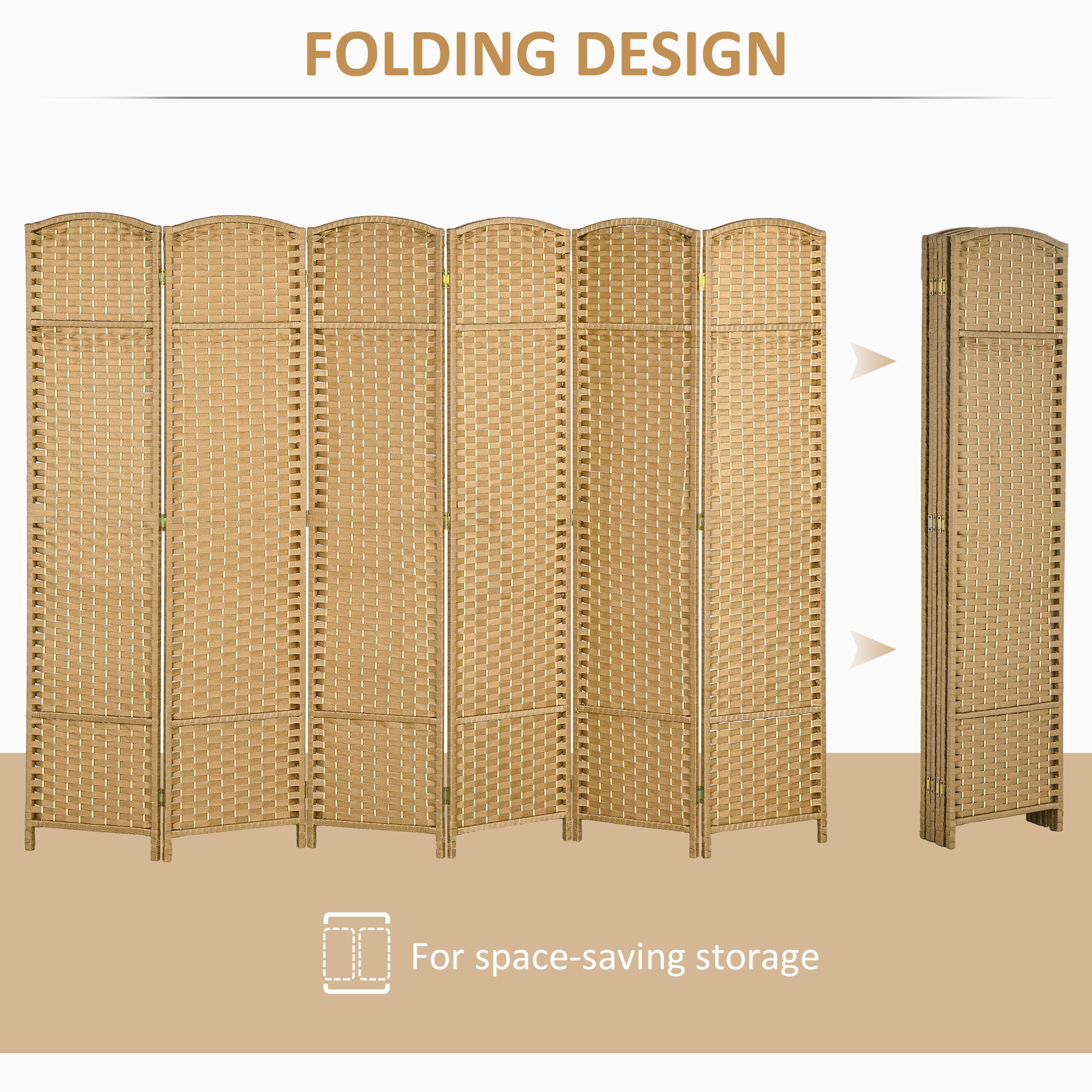 Room Divider, 6 Panel Folding Privacy Screen, 5.6' Tall Freestanding Wall Partition for Home Office, Bedroom, Nature Wood