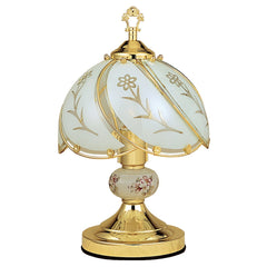 14.25" Tall Touch Table Lamp, Brushed Gold finish, Floral-Patterned Glass Shade