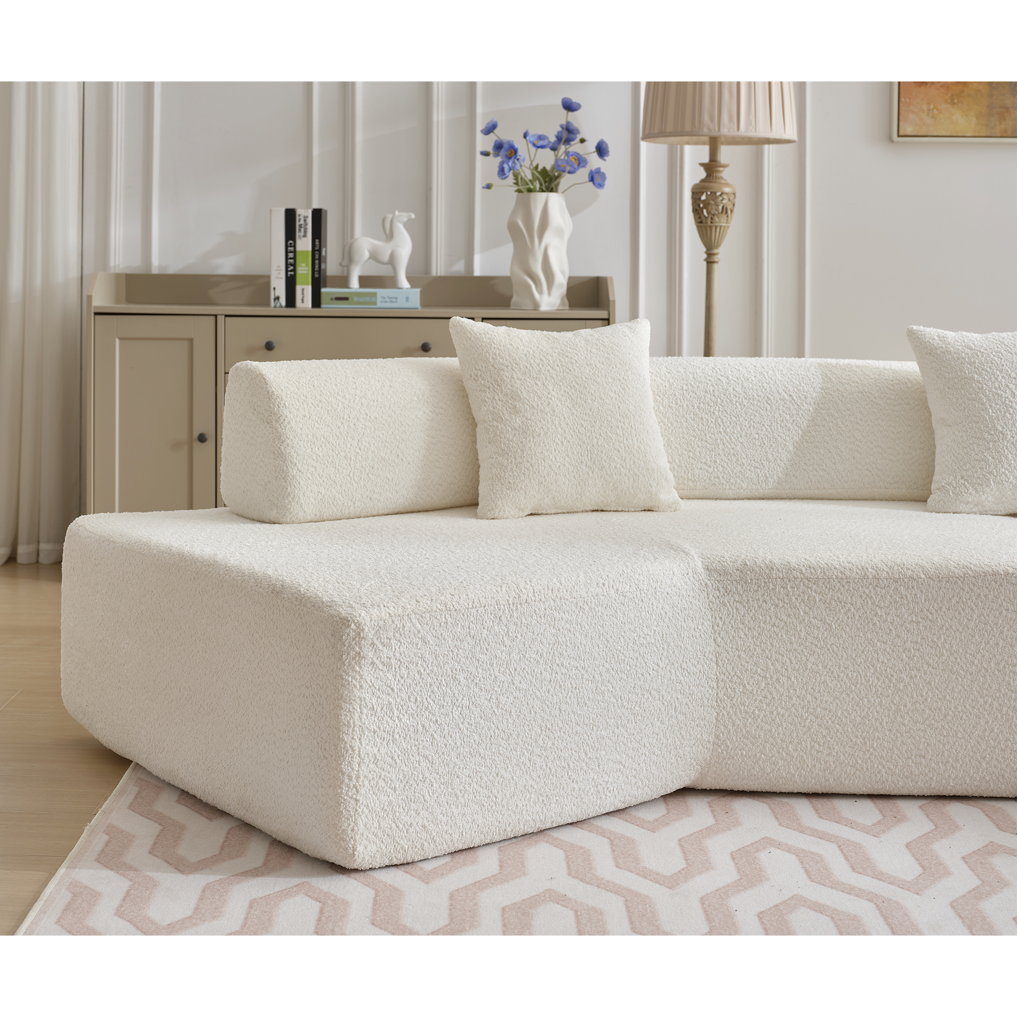 Modern Minimalist 140" L-Shape Couch, No Assembly Required - Boucle-White