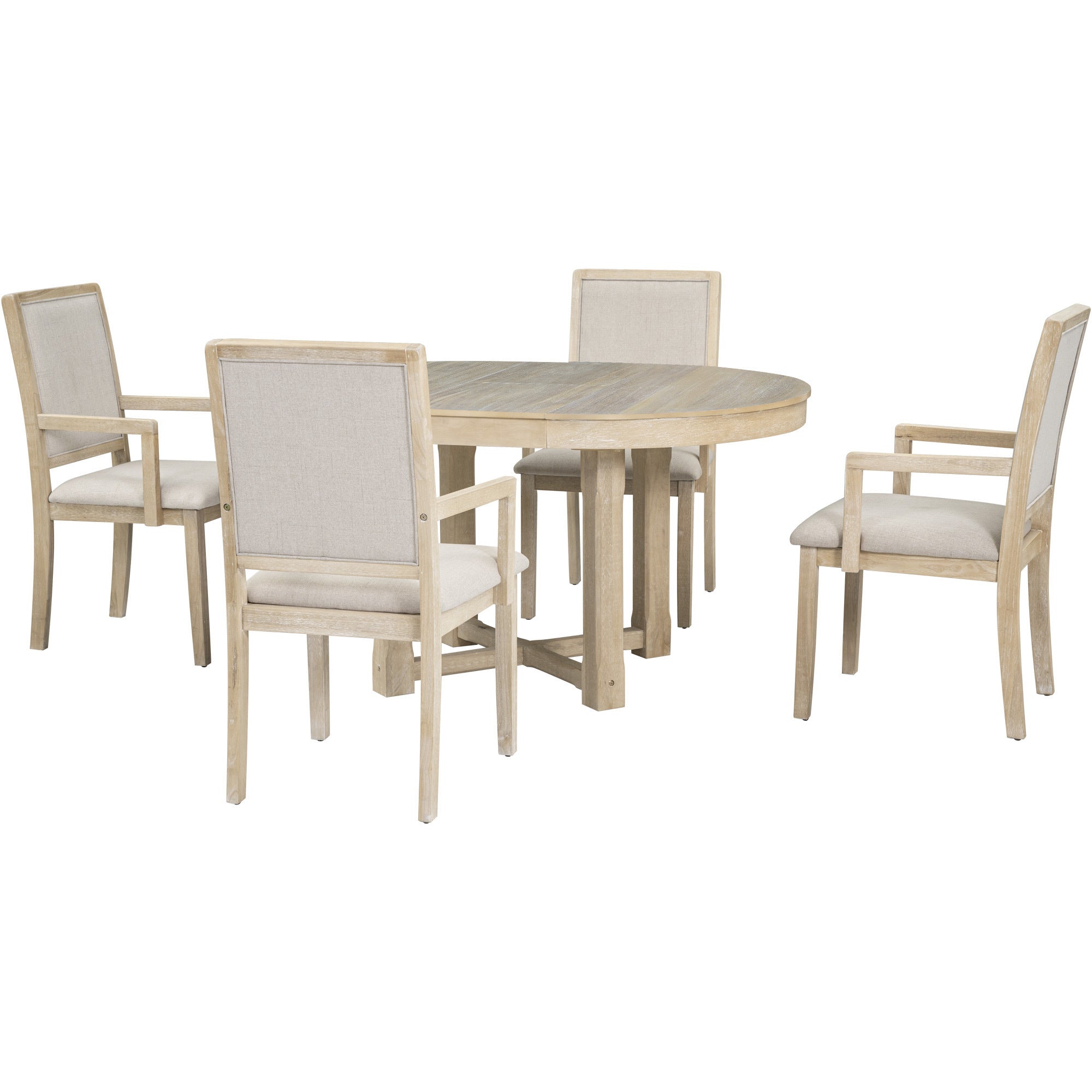 5-Piece Dining Table Set, Two-Size Round To Oval Extendable Butterfly Leaf Wood Dining Table and 4  Dining Chairs with Armrests - Natural Wood Wash