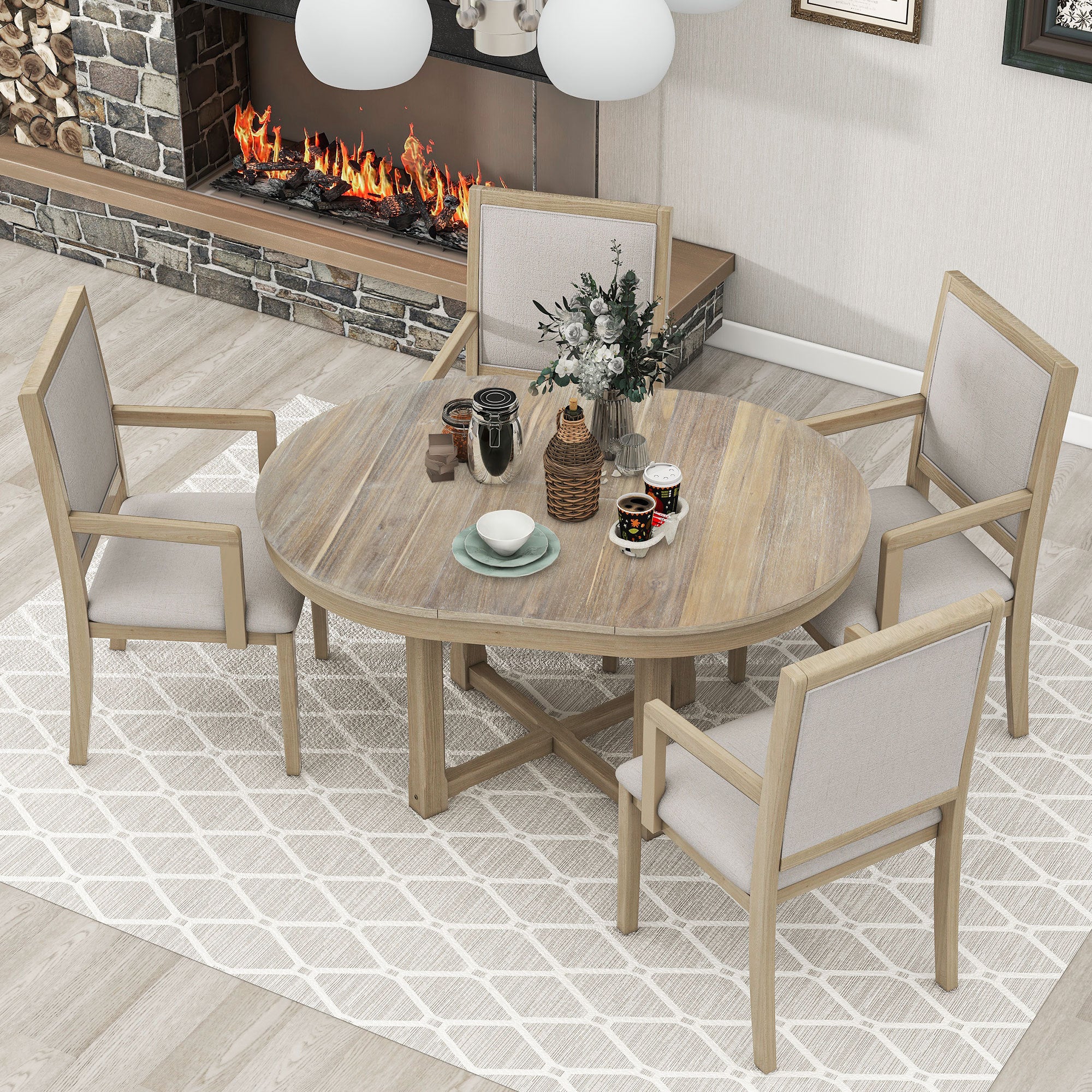 5-Piece Dining Table Set, Two-Size Round To Oval Extendable Butterfly Leaf Wood Dining Table and 4  Dining Chairs with Armrests - Natural Wood Wash