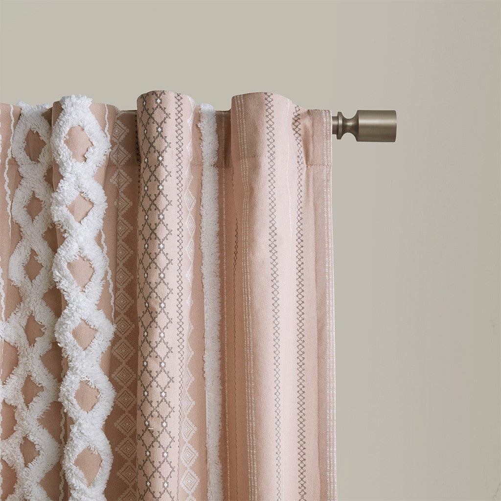 Cotton Printed Curtain Panel with Chenille Stripe and Lining - Blush Beige