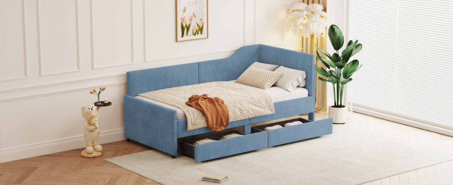 Twin Size L-Shaped Corduroy Daybed,Upholstered Bed Frame with  2 Storage Drawers,Blue