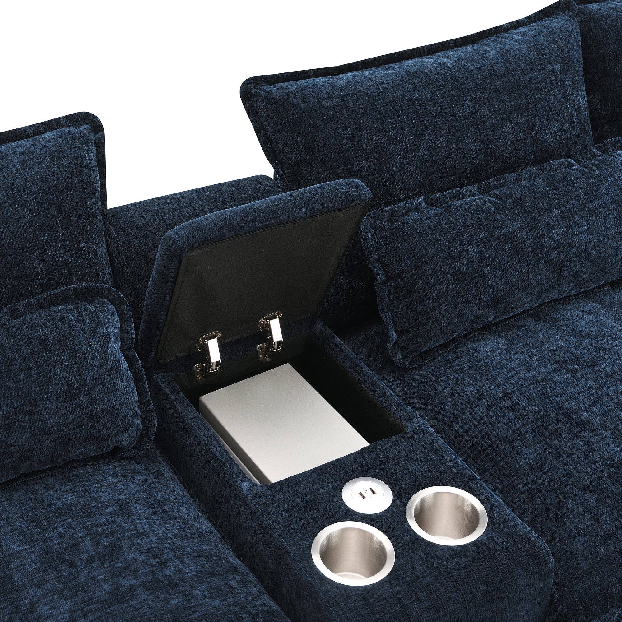 Modern Blue U-shaped Sofa with Cupholders and USB Ports, 6-seat Upholstered Symmetrical Indoor Furniture