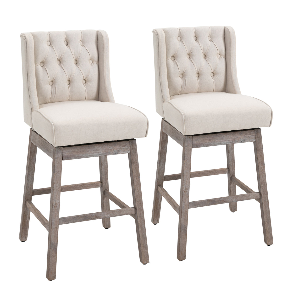 Bar Height Bar Stools Set of 2, 180 Degree Swivel Barstools, 30" Seat Height Bar Chairs with Solid Wood Footrests and Button Tufted Design, Beige