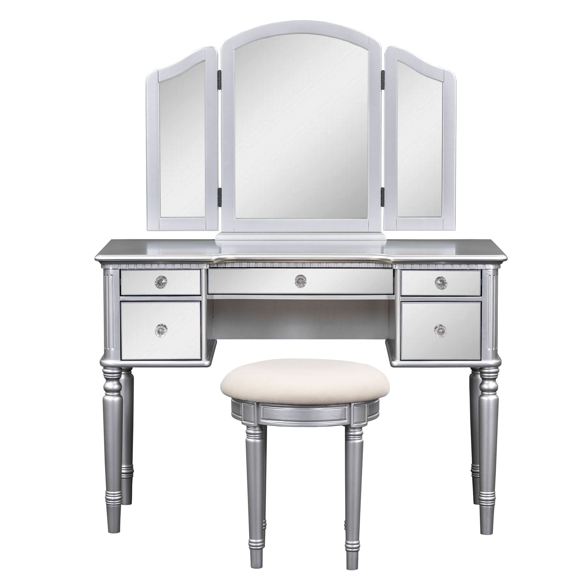 43" Makeup Vanity Set With Mirrored Drawers And Stool - Silver