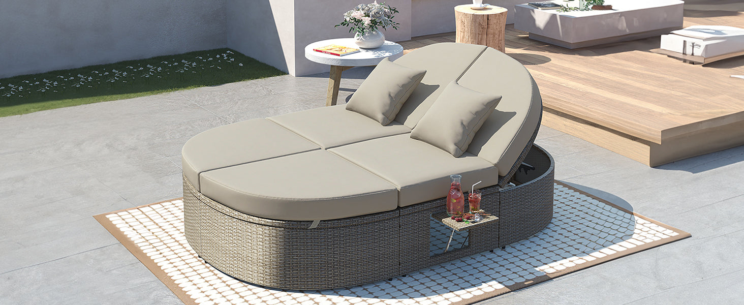 Outdoor Sun Bed Patio 2-Person Daybed with Cushions and Pillows, Rattan Garden Reclining Chaise Lounge with Adjustable Backrests and Foldable Cup Trays for Lawn,Poolside, Gray