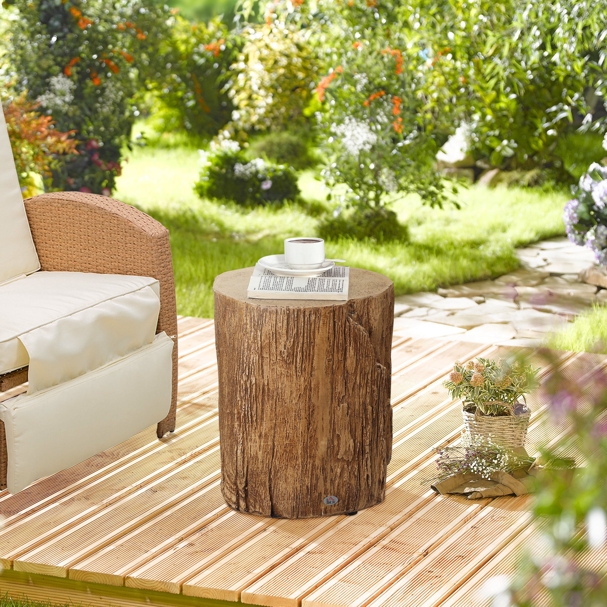 Decorative Side Table with Round Tabletop, Concrete with Wood Grain Finish, for Indoors and Outdoors - Natural