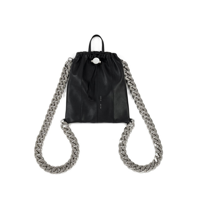 Metal Thick Chain Personalized Drawstring Bucket Shoulder Bag - Black