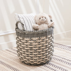 Zita Round Resin Woven Wicker Multi-Use Storage Basket with Handles - 18" x 18" x 19.6" - White-Gray - For Towel, Toys, Magazines Storage and Home Decoration