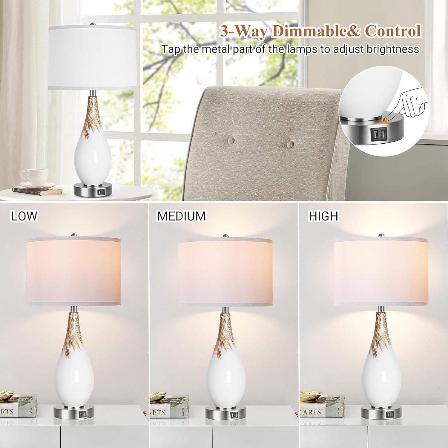 Set of 2, 27.5" Touch Control Table Lamps Tall Modern Art Glass Bedside Lamp with USB Ports, 3-Way Dimmable Hand Crafted Nightstand Lamps White Drum Shade