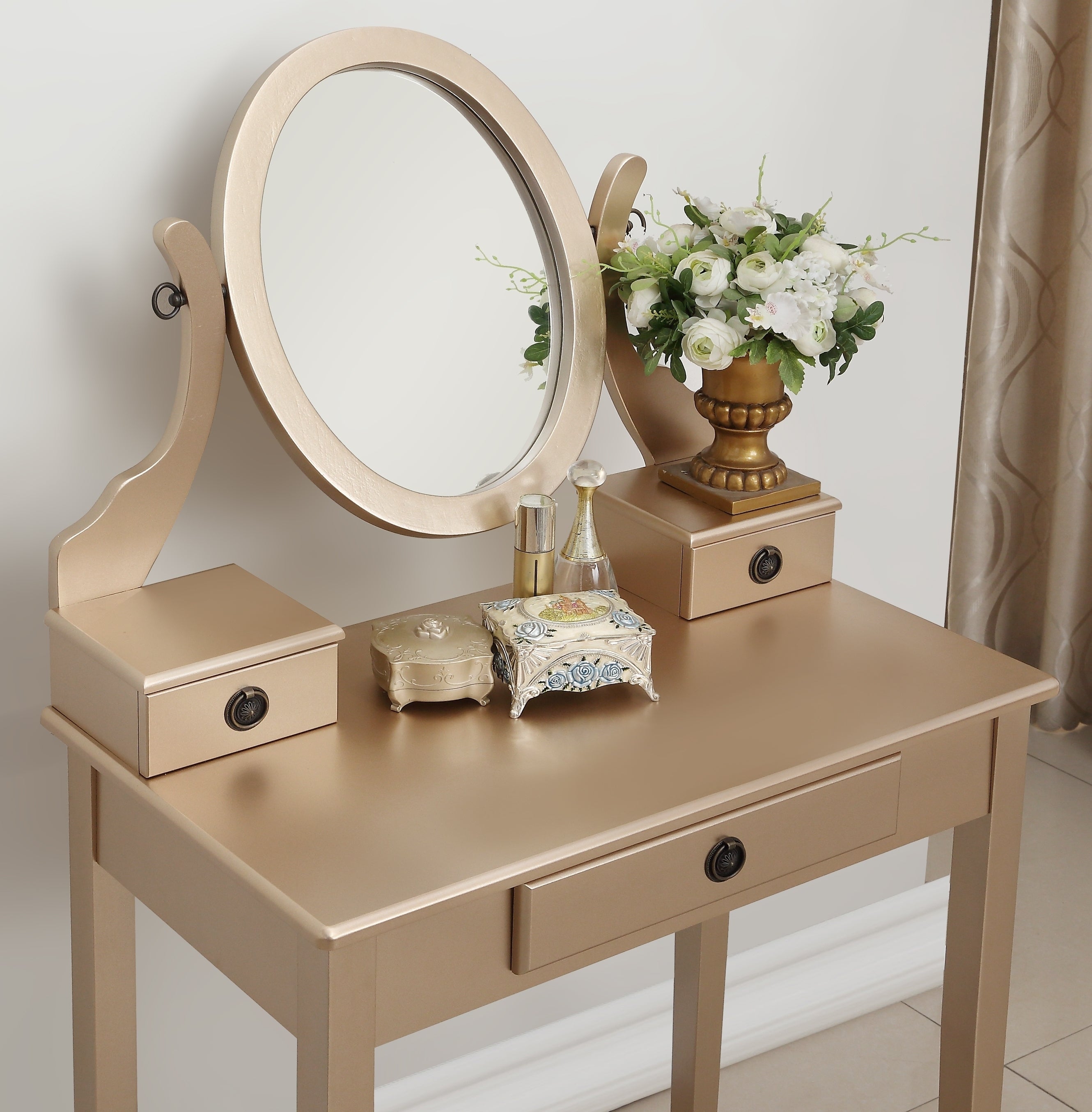 Makeup Vanity Table and Stool Set, Gold