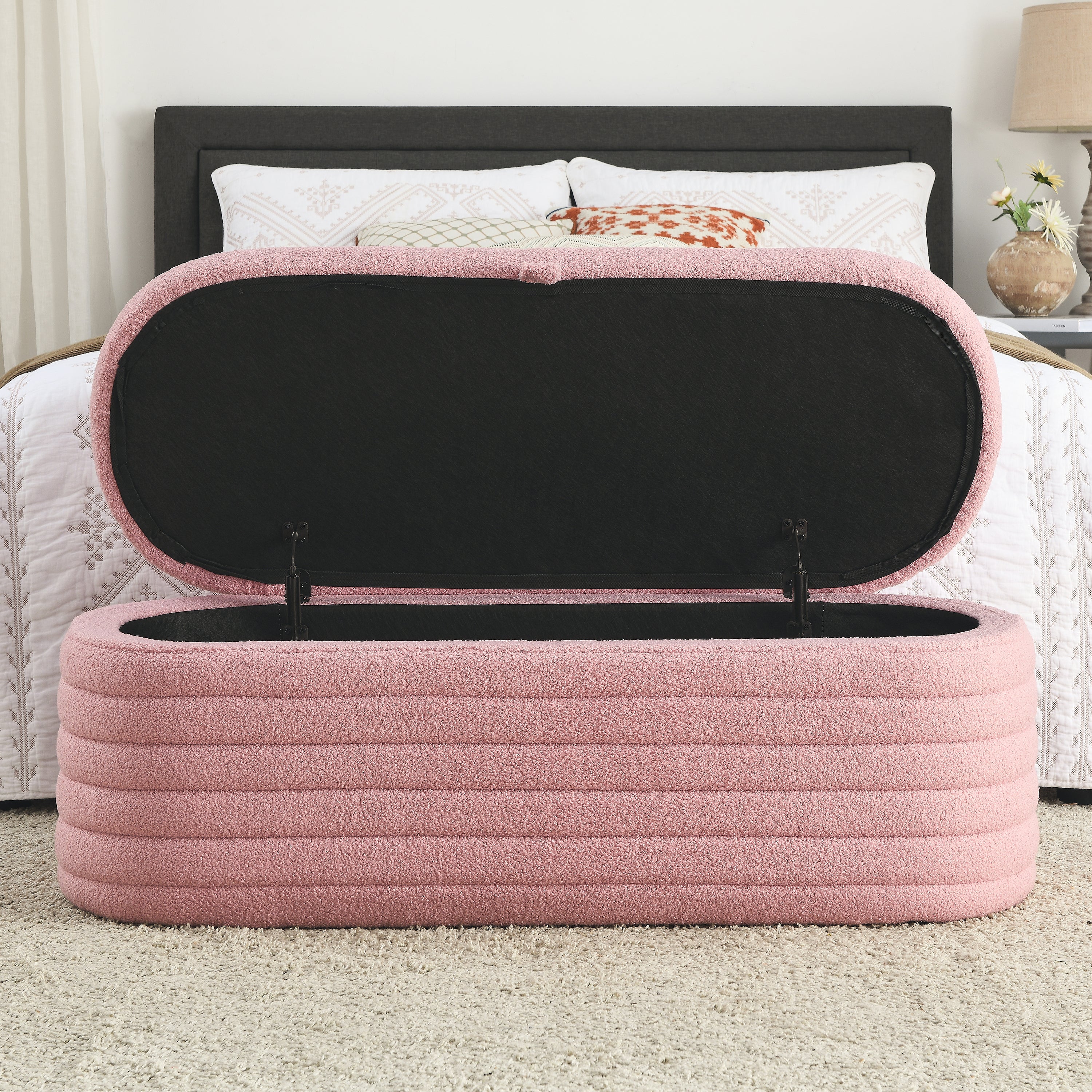 45.5" Storage Ottoman Bench Upholstered Fabric Storage Bench End of Bed Stool with Safety Hinge - Pink teddy.