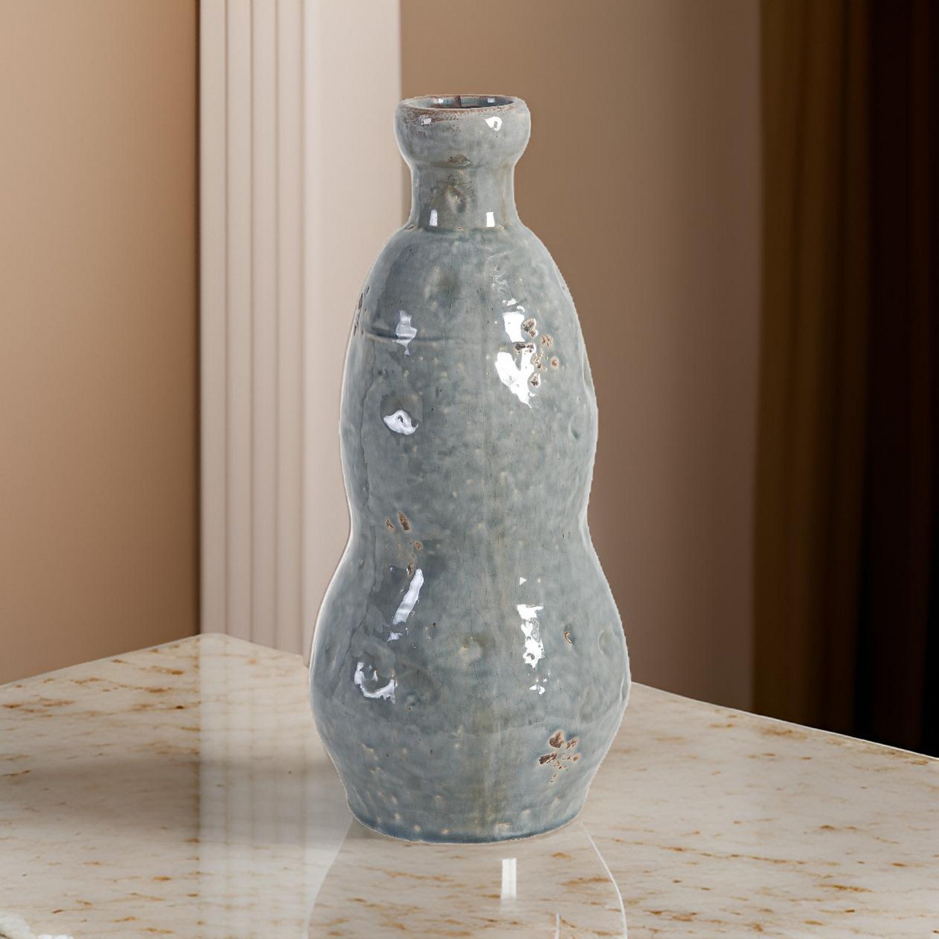 15 Inch Ceramic Vase, Curved and Flare Design, Gray