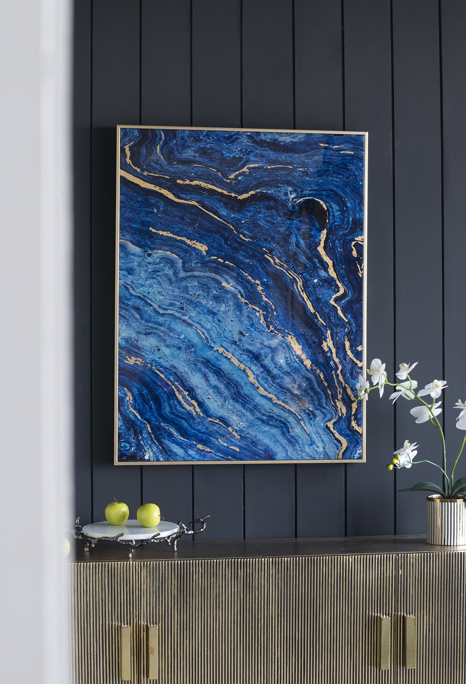 Set of 2 Blue and Gold Framed Art Panels, Unique Marbled Design, 30.5"x40"