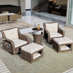 5 Pieces Outdoor Patio Furniture Set with Pet House Cool Bar and Retractable Side Tray, Rattan Wicker Patio Swivel Rocking Chairs Set of 2 with Ottomans - Beige