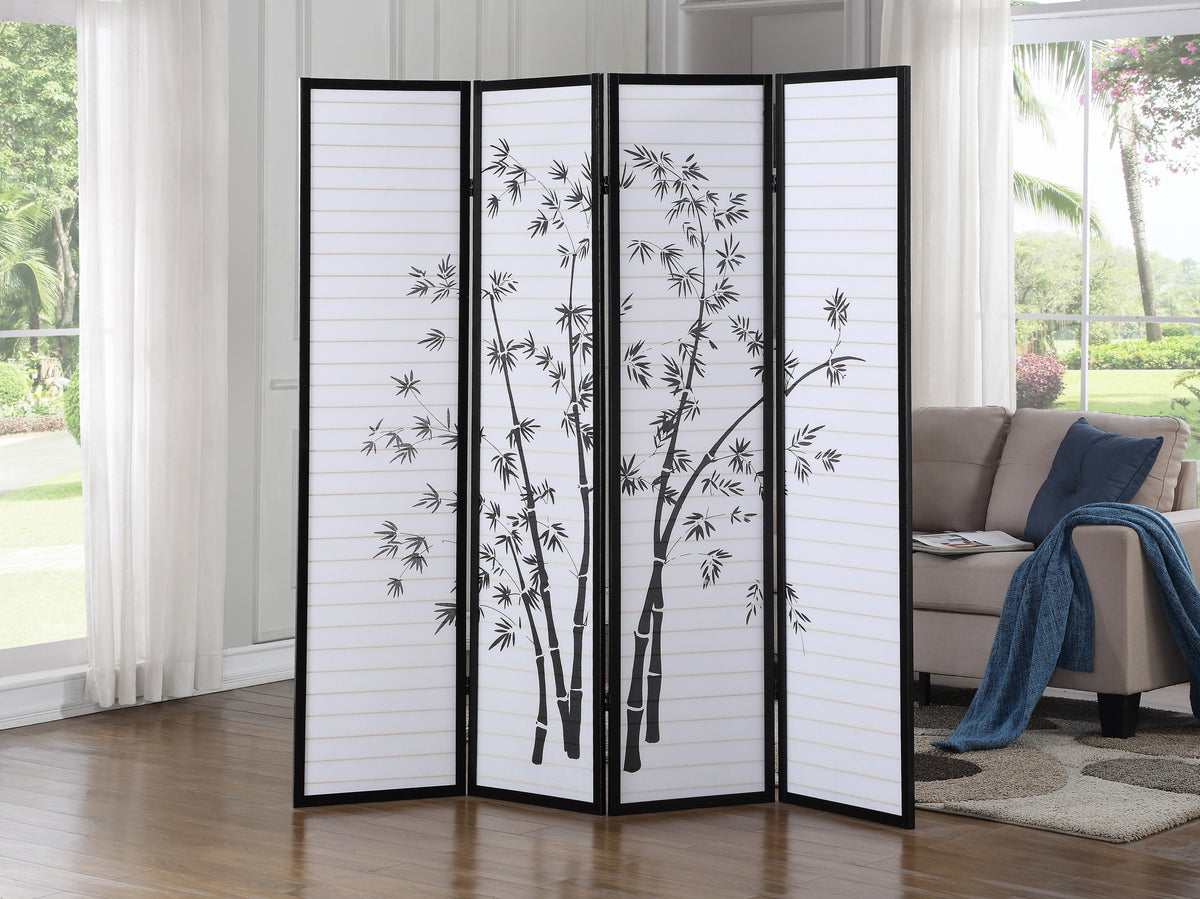 Bamboo Print 4-Panel Framed Room Screen/Divider, Black Wood+Paper