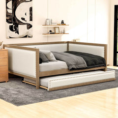 Full Size Upholstered Daybed with Trundle and Nailhead Decoration, Wood Color