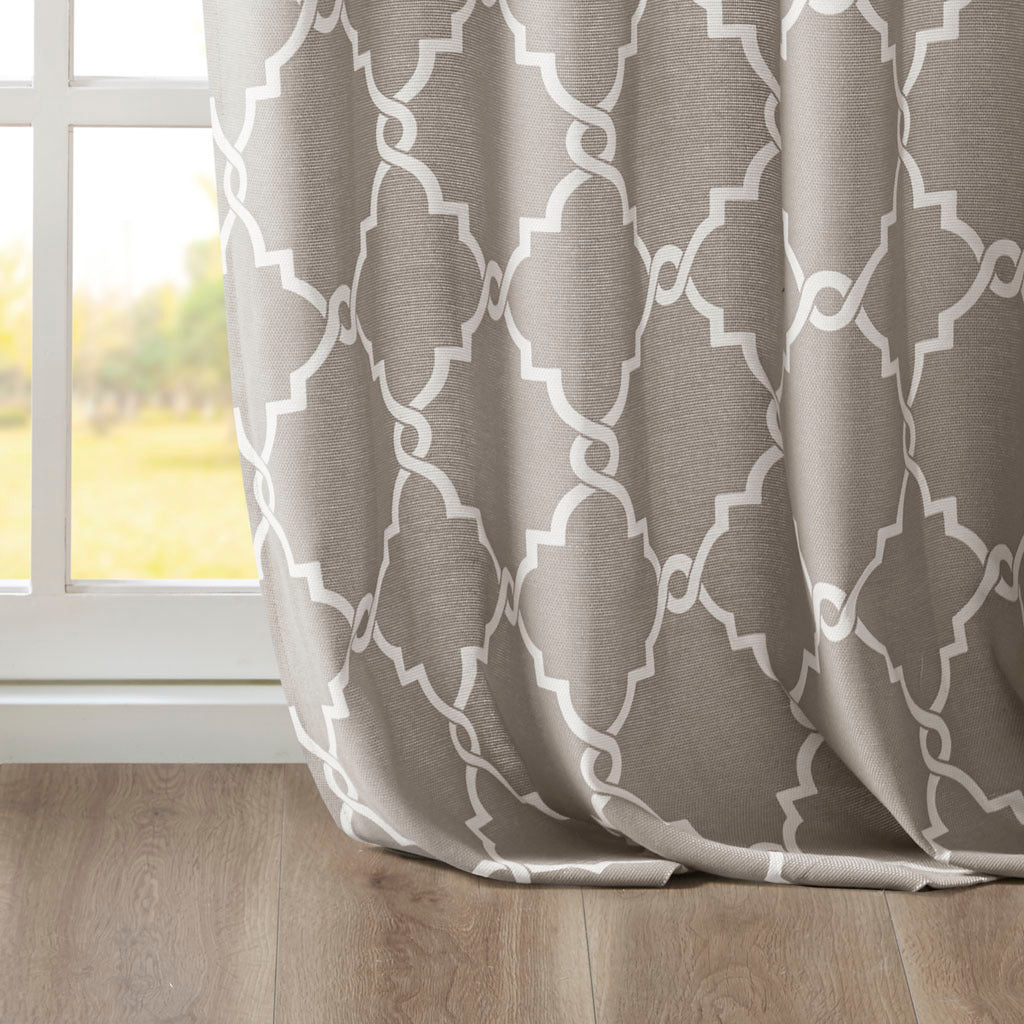 Fretwork Print Grommet Top Window Curtain Panel - Grey+White