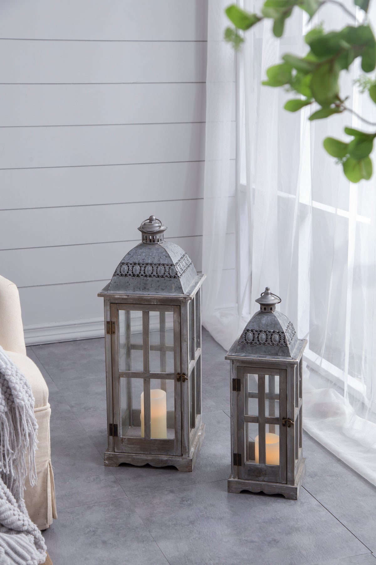 Wooden Candle Lantern Decorative (Set of 2) - Grey