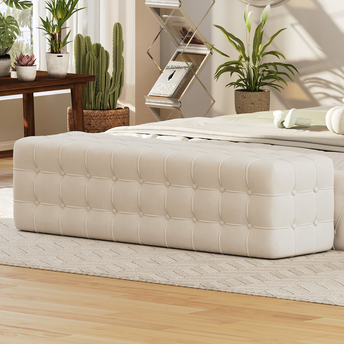 Elegant and Luxurious Velvet Ottoman Bench, Rectangular Footstool, No Assembly Required - White