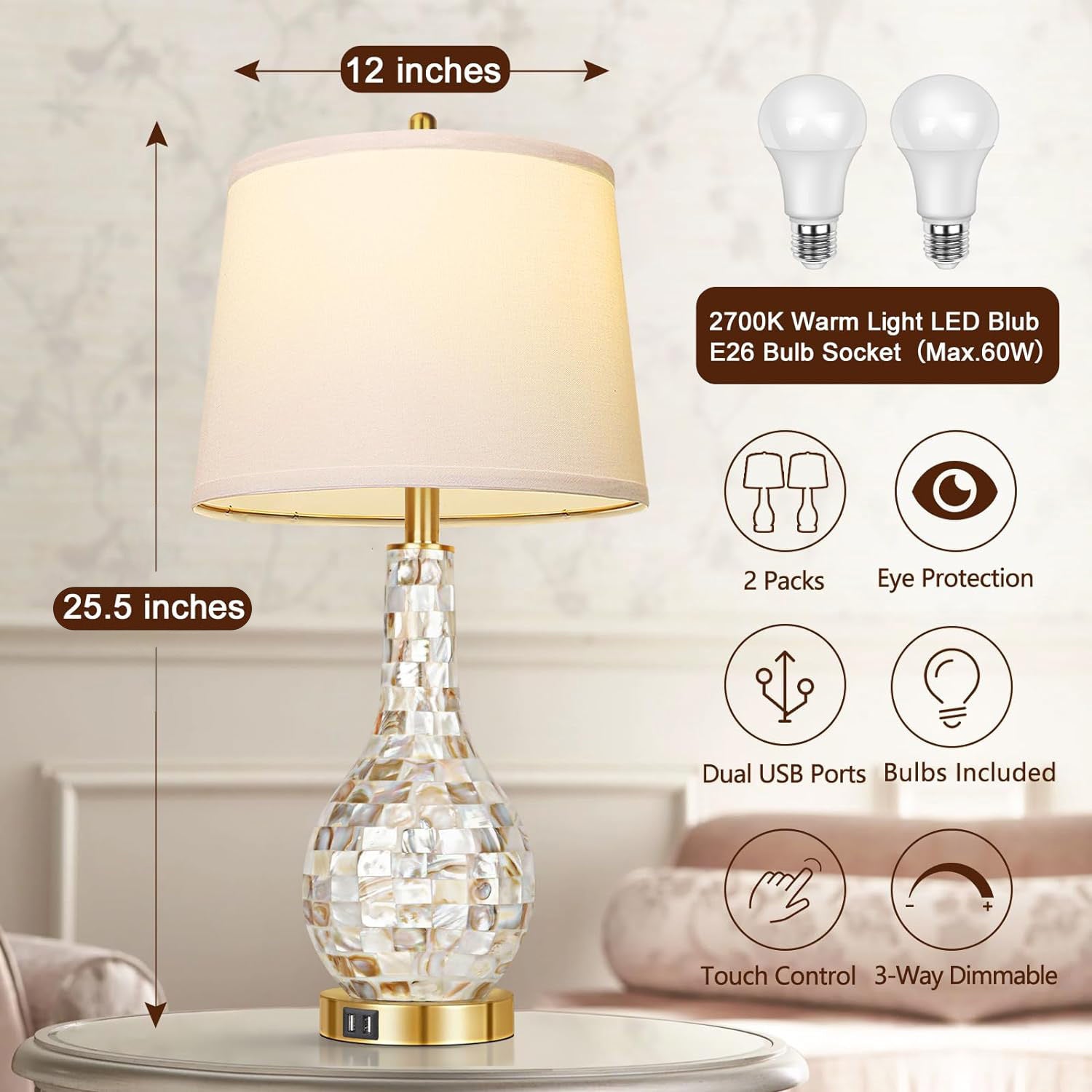 Set of 2 Gold Shell Pearl Tile Table Lamp, Modern Coastal Style Bedside Table Lamp With USB Port, 3-Way Touch Control Included (2700K LED Bulb)