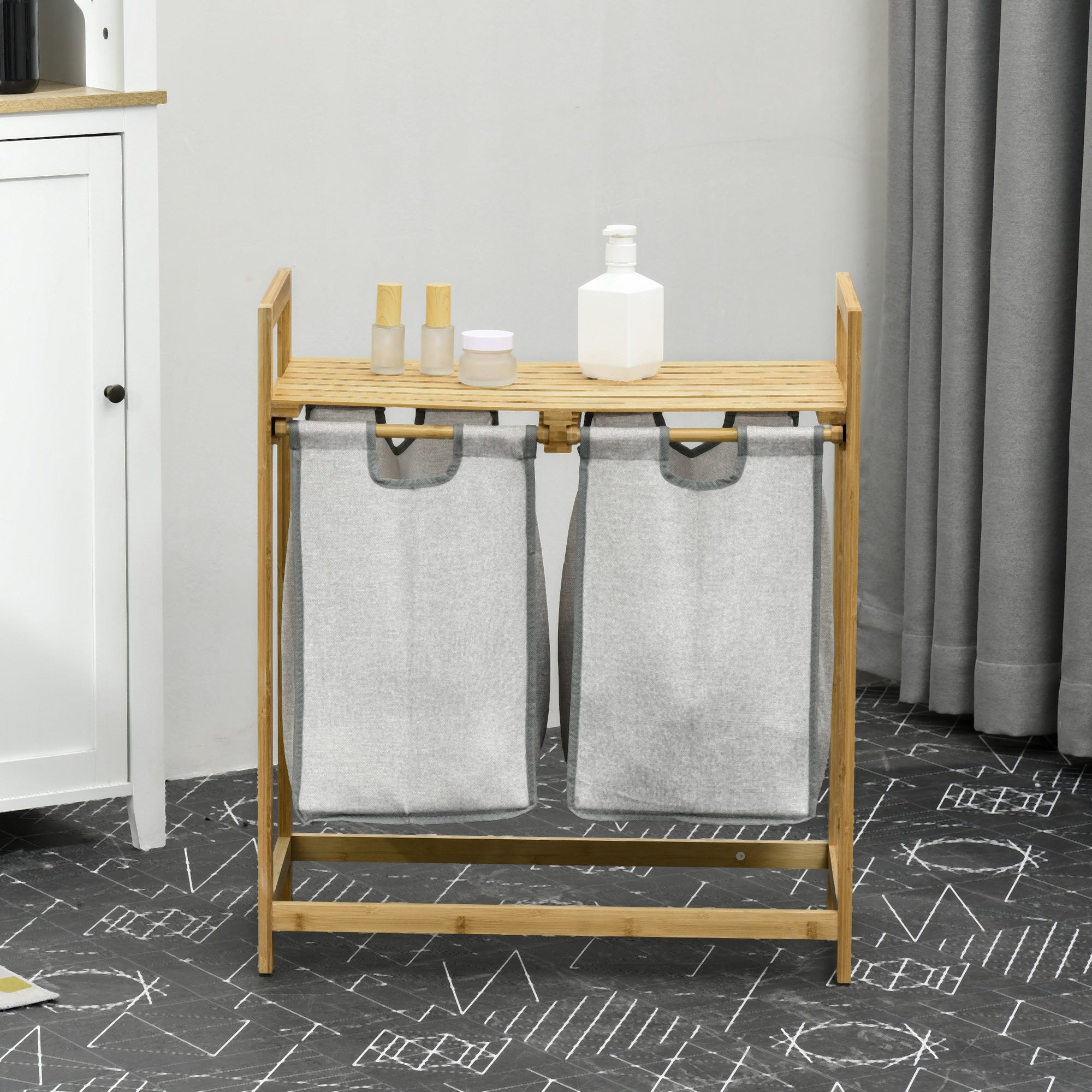 Double Laundry Hamper 2 Section Bamboo Laundry Basket with Storage Shelf 2 Pull-Out and Removable Bags - Natural Wood and Dark Gray