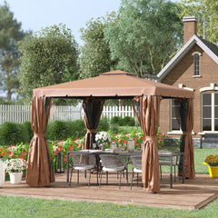 10'x10' Patio Gazebo, Outdoor Gazebo Canopy Shelter with Double Vented Roof, Netting and Curtains, for Garden, Lawn, Backyard and Deck - Brown