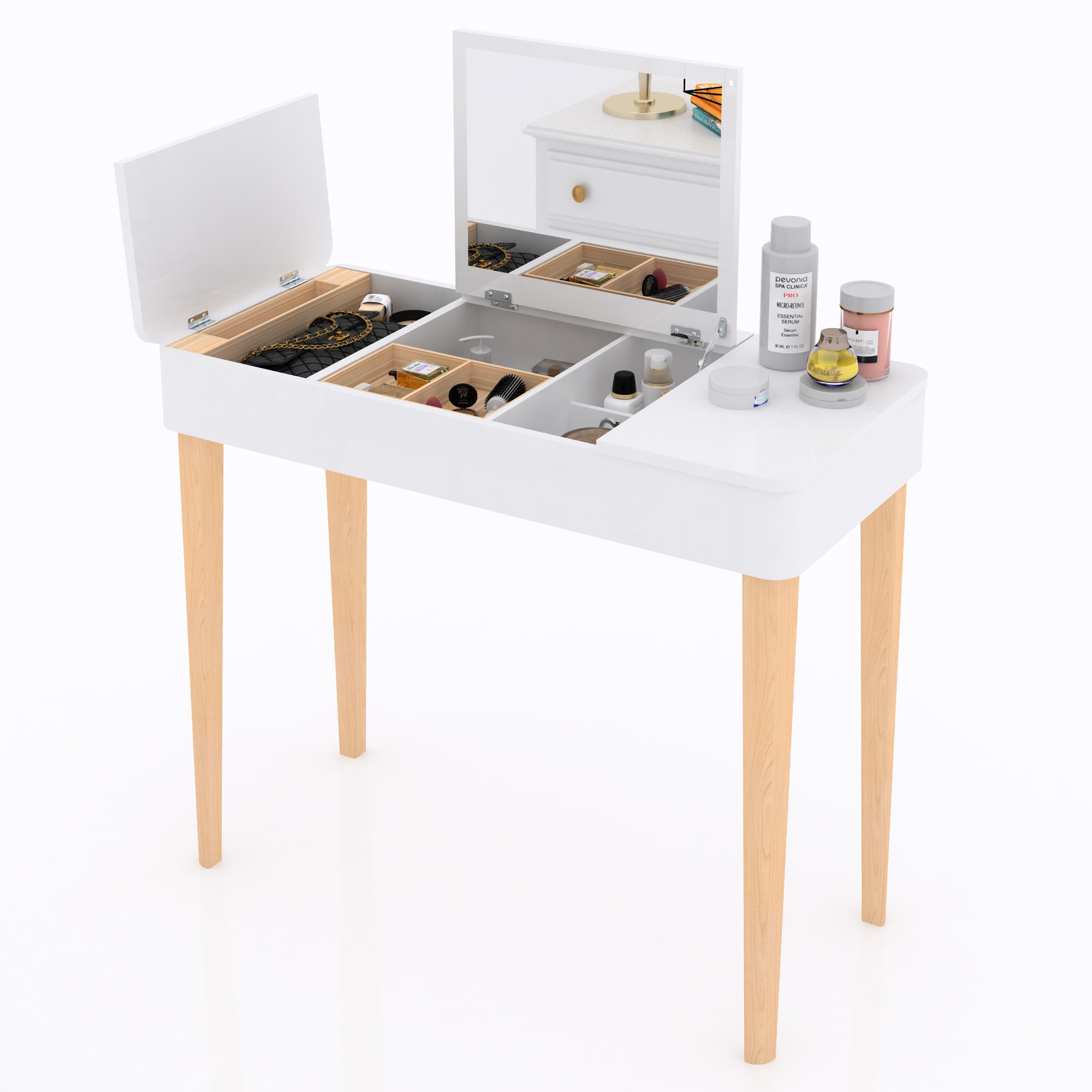 Vanity Table with Solid Wood Legs and Flip-Up High Definition Mirror - White