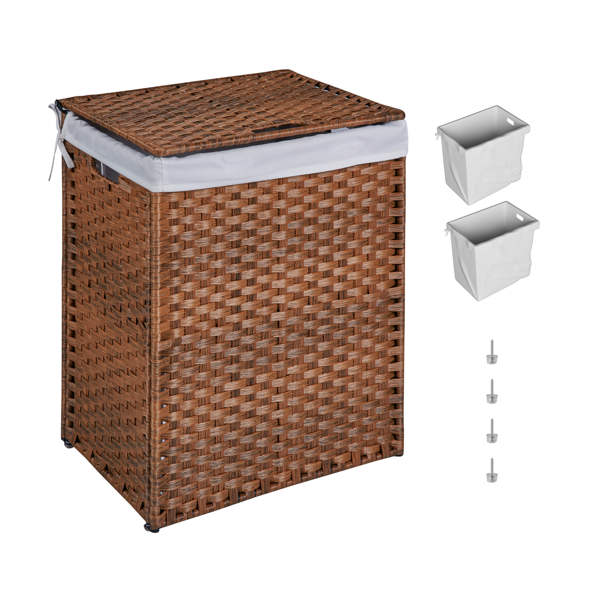 Laundry Hamper With Lid PE Rattan Powder Coating Frame Clothes Hampers with 2 Removable Bags, 100L, Brown Color