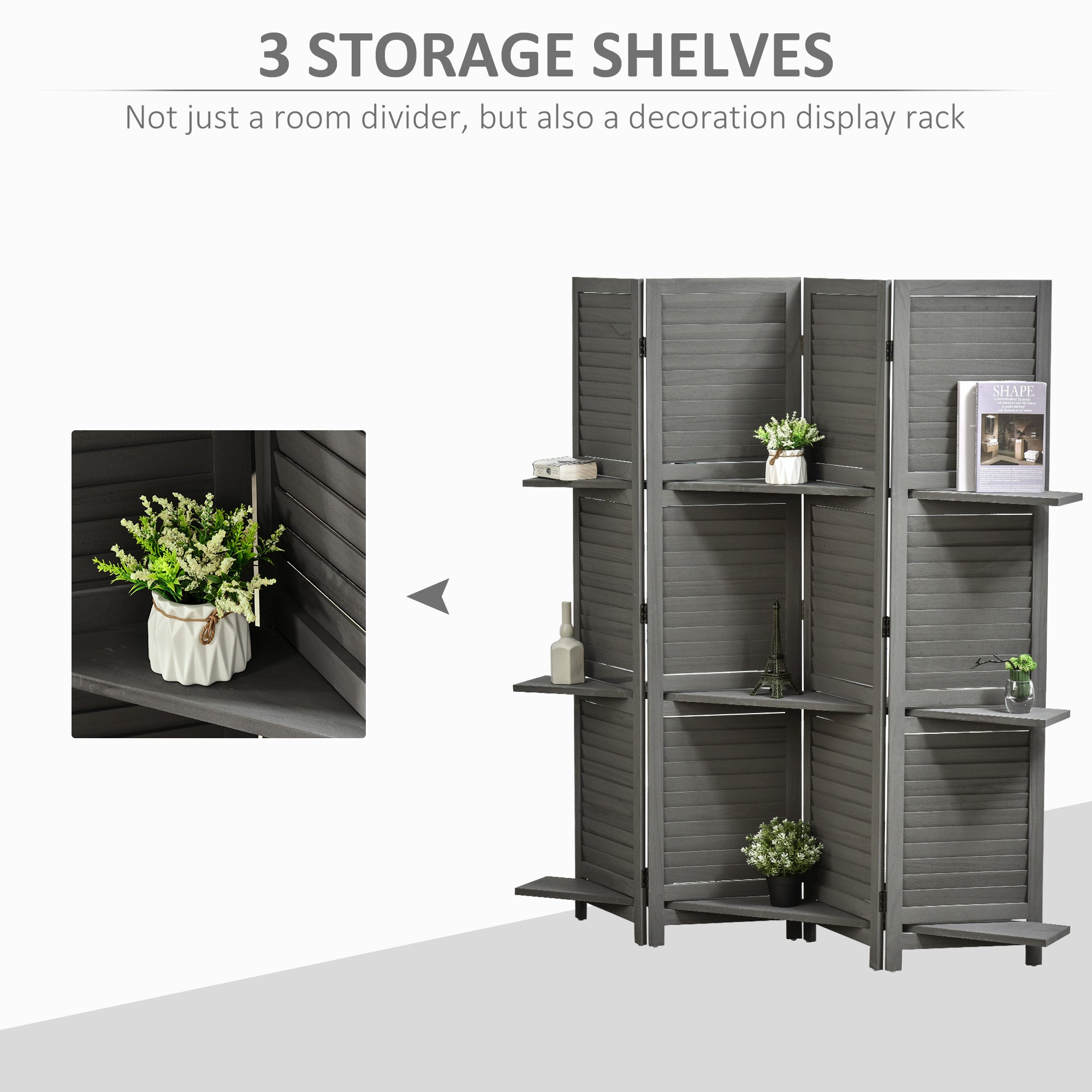 4-Panel Folding Room Divider, 5.6 Ft Freestanding Paulownia Wood Privacy Screen Panel with Storage Shelves - Gray