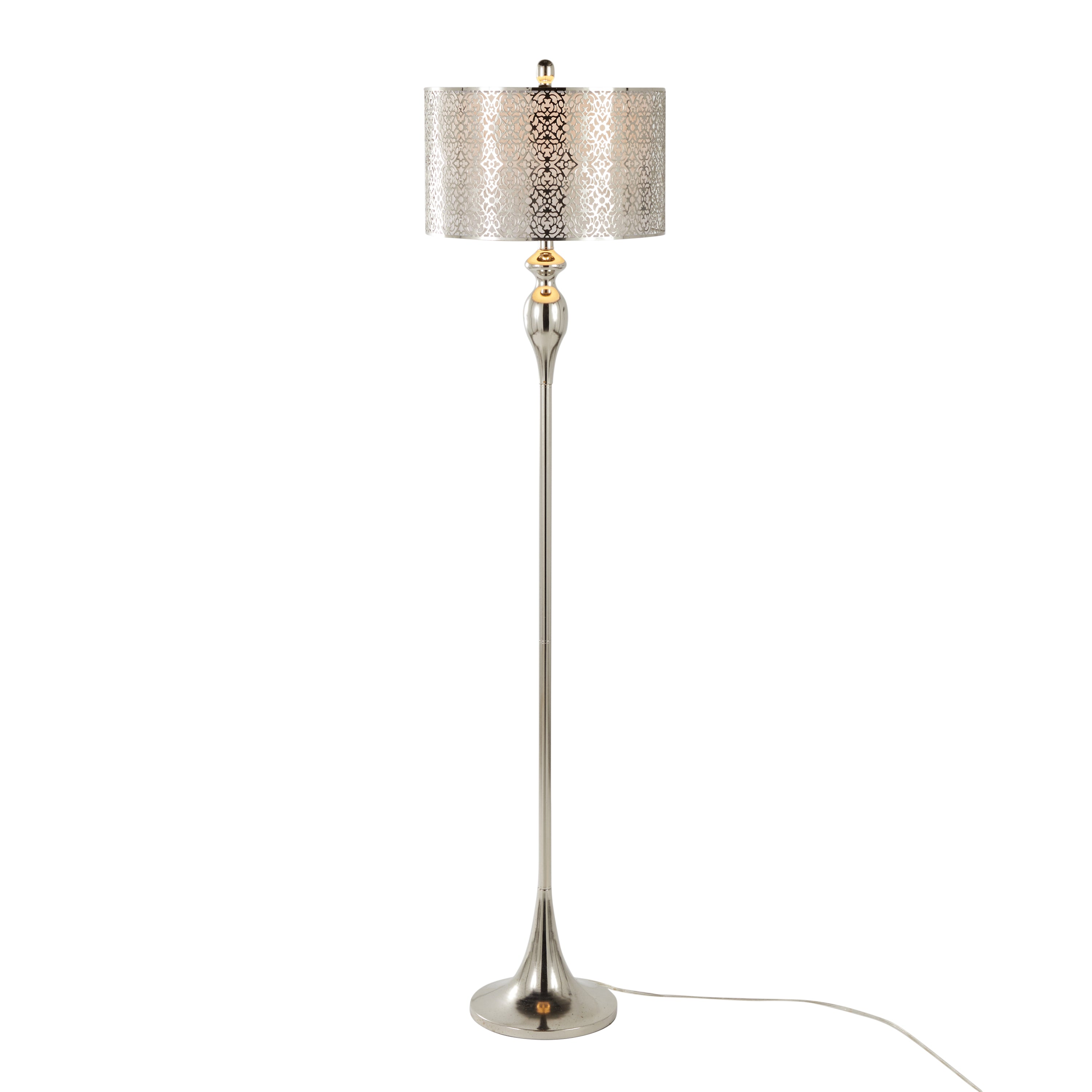 63" Contemporary Metal Floor Lamp in Polished Nickel with Laser Cut Metal and White Linen Shade