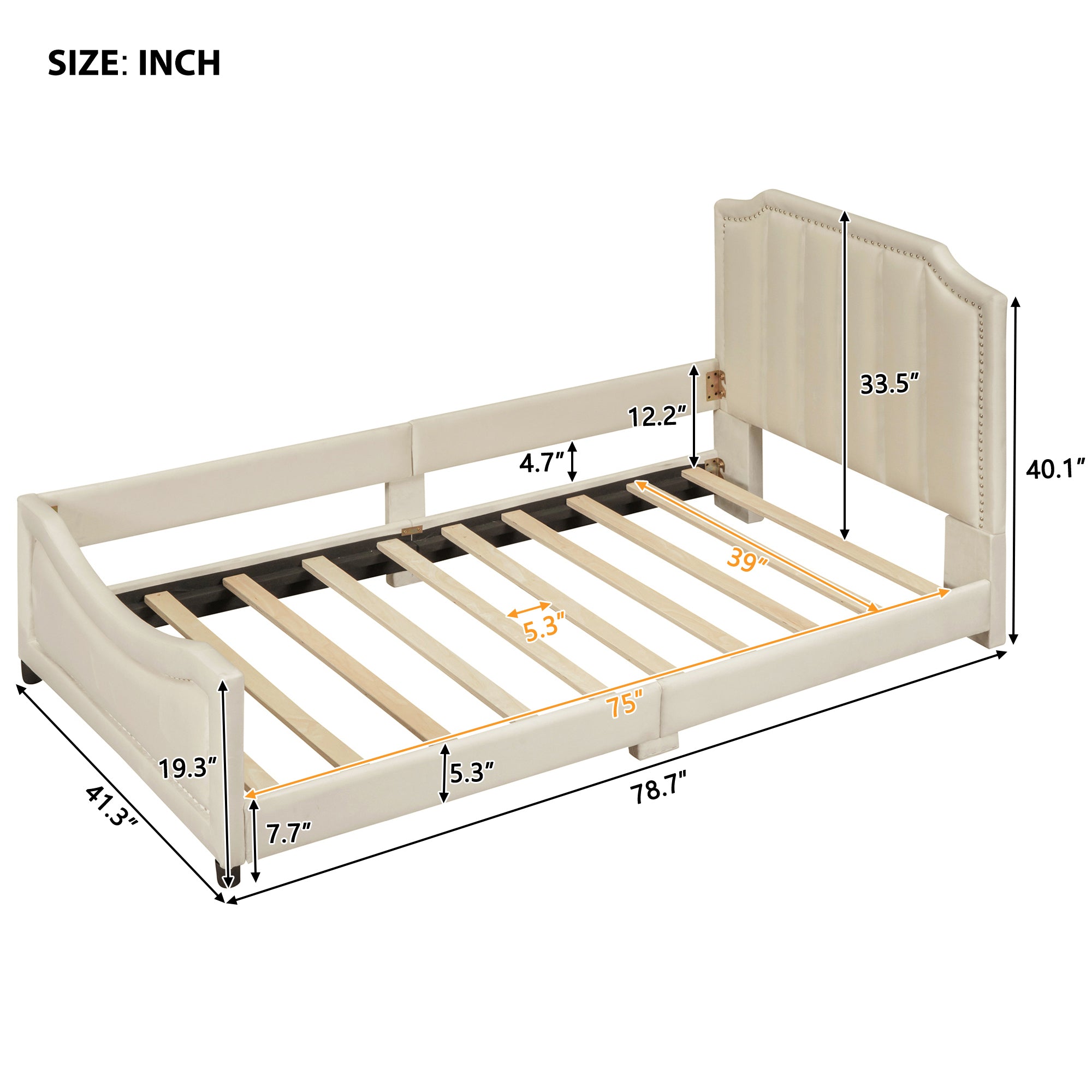 Twin Size Upholstered Daybed with Classic Stripe Shaped  Headboard - Beige