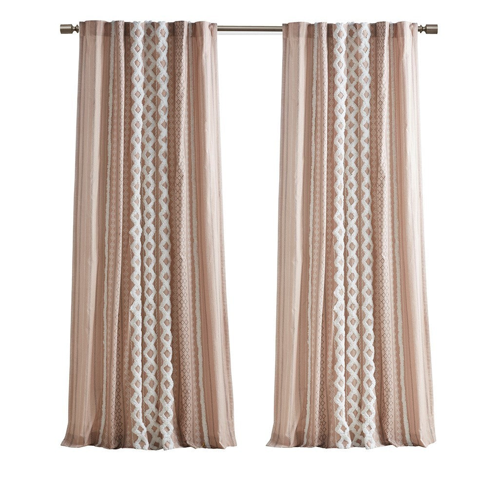 Cotton Printed Curtain Panel with Chenille Stripe and Lining - Blush Beige