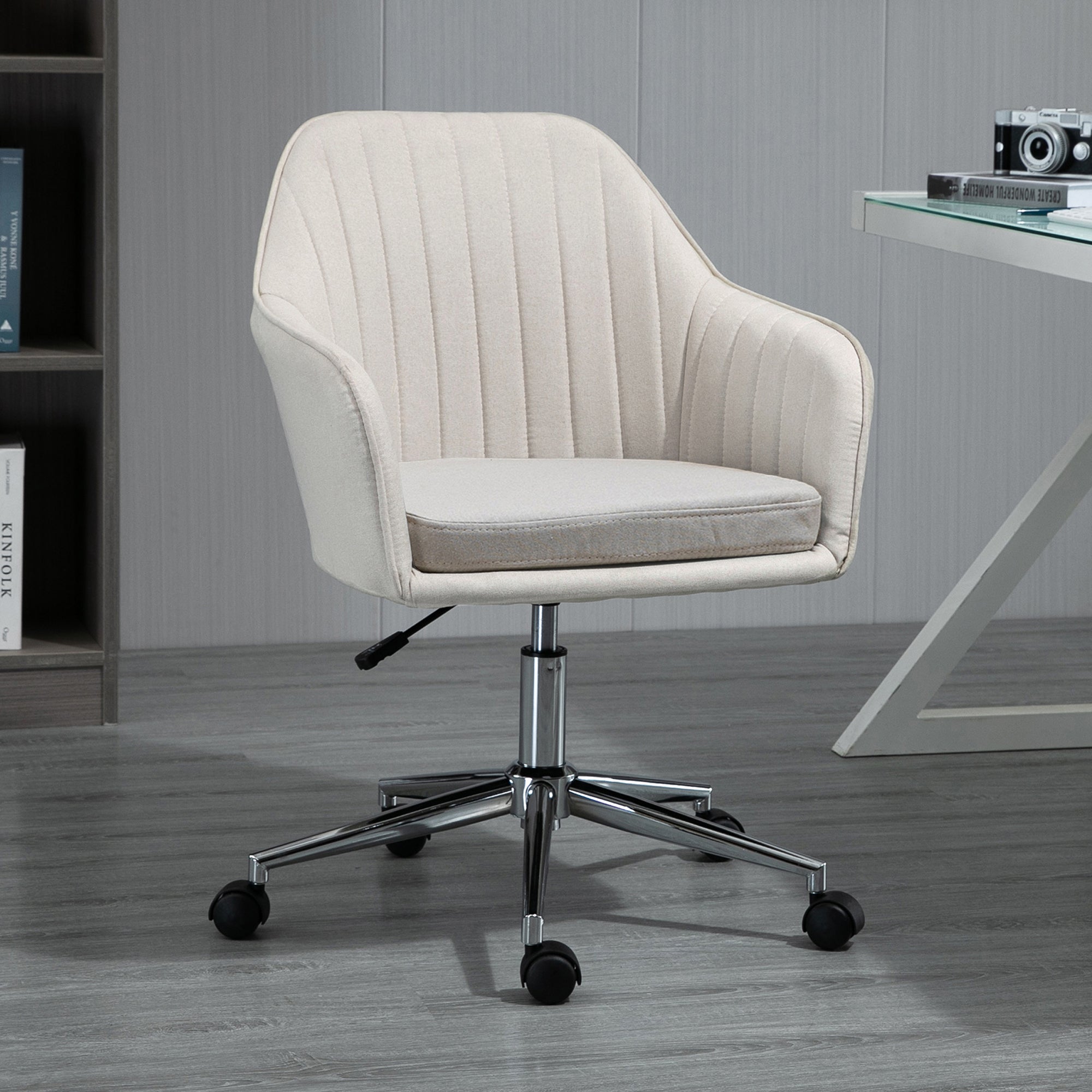 Mid-Back Task Chair, Fabric Home Office Chair, Swivel Desk Chair with Tub Shape Design & Lined Pattern Back - Beige