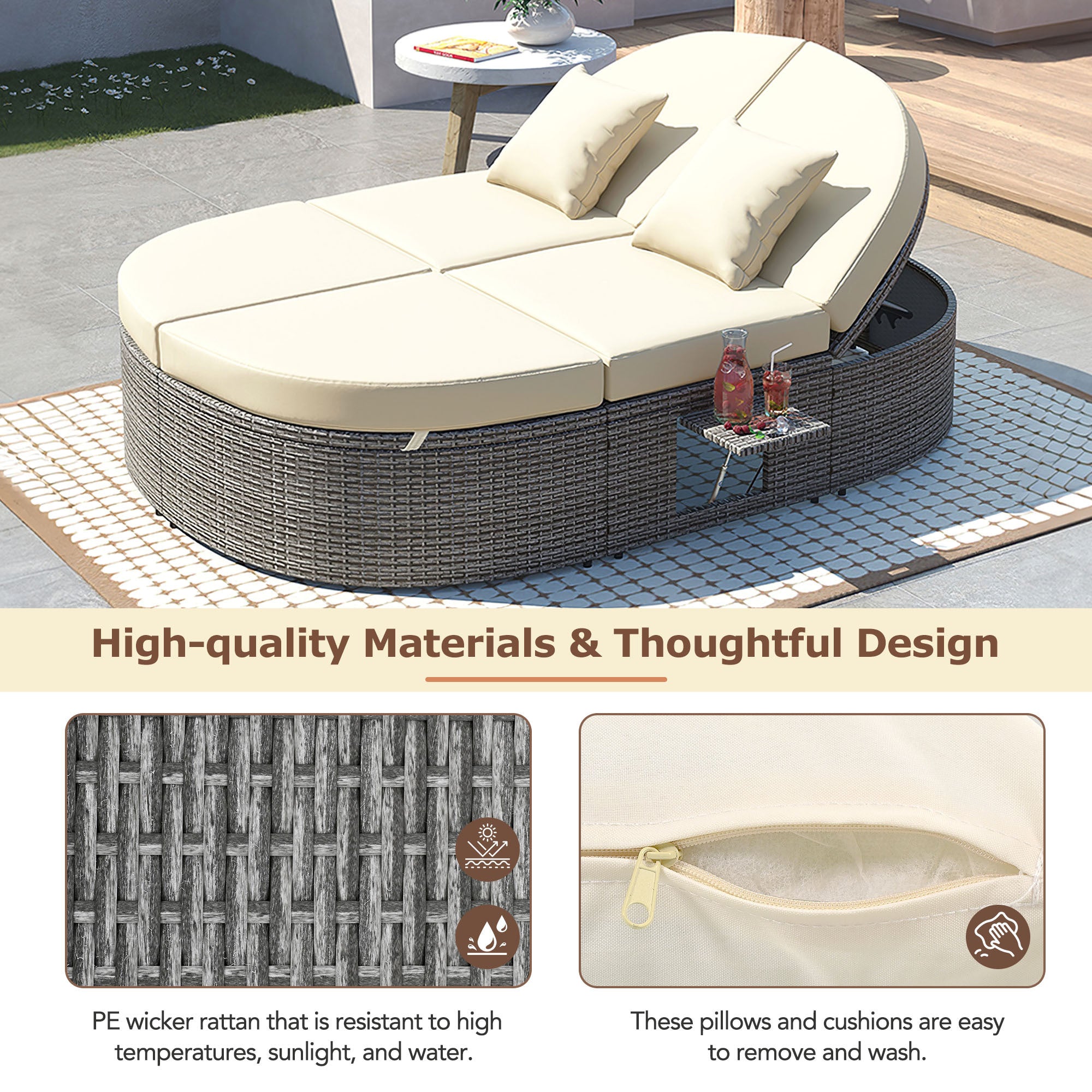 Outdoor Sun Bed Patio 2-Person Daybed with Cushions and Pillows, Rattan Garden Reclining Chaise Lounge with Adjustable Backrests and Foldable Cup Trays for Lawn, Poolside, Beige