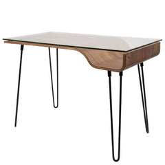 Modern Desk in Walnut Wood, Clear Glass, Black Metal