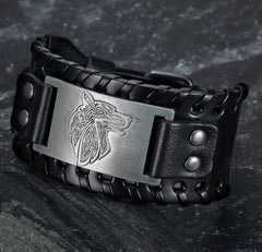 Viking Leather Bracelet Featuring With Fenrir Design Wolf Head