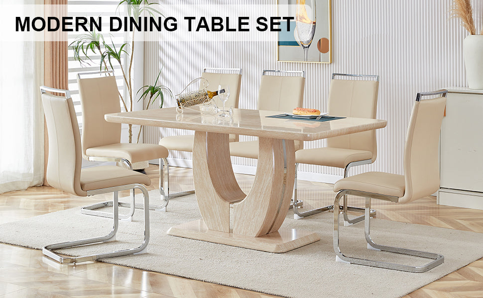 Modern minimalist luxury MDF rectangular dining table, 6 PU synthetic leather high backrest soft cushioned side chairs, modern dining chairs